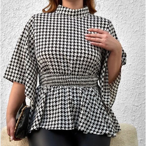 Classic Plus Size Houndstooth Print Mock Neck Peplum Top Blouse Shirt - Picture 2 of 5